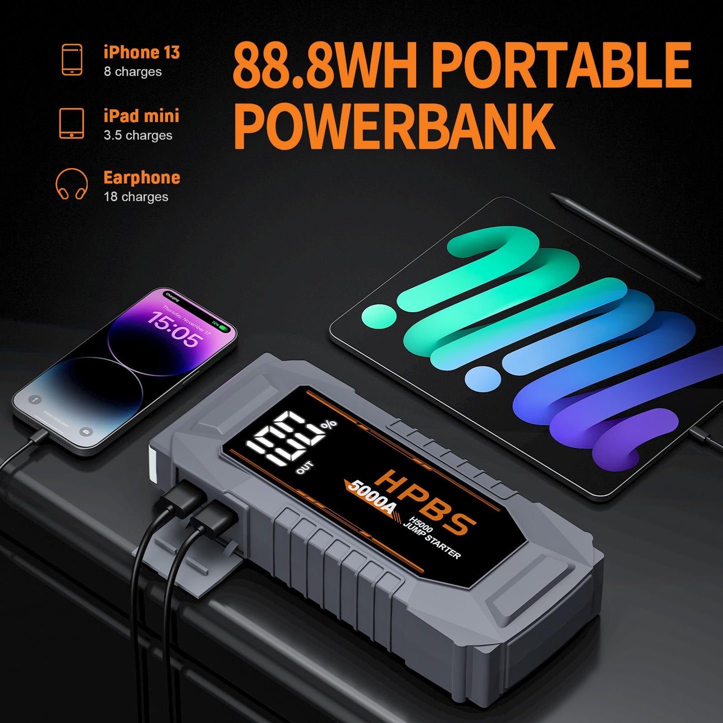 HPBS Jump Starter - 2000A Car Battery Jump Starter for Up to 8L Gas and 6.5L Diesel Engines, 12V Portable Jump Starter Battery Pack with 3.0" LCD Display